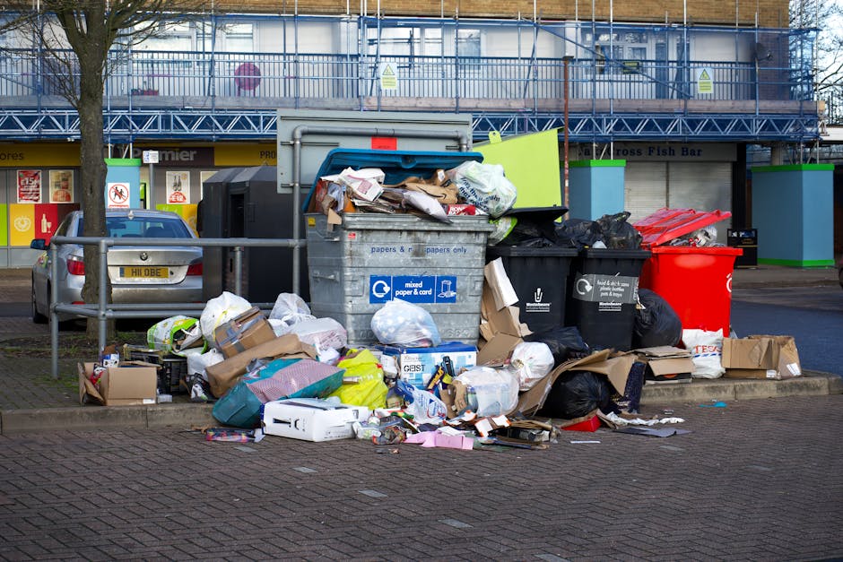 A large collection of rubbish bags, cardboard boxes, and loose waste items piled around a grey mixed paper and card bin on a paved area. The waste includes plastic bags, flattened boxes, crumpled paper, and other miscellaneous debris. The bin is partially open with some rubbish spilling out, with extra black and black containers nearby. In the background, there is a street scene featuring parked cars, a tree, and a commercial building with a blue scaffolding structure and signage indicating shops such as a fish bar. The scene appears to be in an urban setting, possibly a shopping area or public space, with the rubbish indicating a collection point for waste disposal or an area awaiting collection by a private waste management service like Rubbish Collection Lewisham. The lighting suggests daytime, with natural ambient light highlighting the variety of waste materials and their textures, from crumpled paper to rigid cardboard and soft plastic bags, all contrasting against the pavement and the backdrop of the building and street furniture.