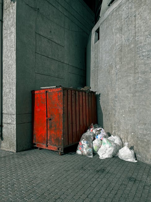 The image shows a red metal skip with a weathered and slightly rusty surface placed between two grey concrete walls. The skip is situated on a dark grey, textured paved surface, with the left wall being smooth and the right wall having a rougher, slightly lighter finish. Next to the skip, there are several transparent plastic bags filled with mixed household waste, including plastic bottles and packaging, some of which are slightly crushed or wrinkled. The scene appears to be outdoors, possibly in an alleyway or a narrow side passage, where space is limited for rubbish disposal. The lighting is neutral, indicating a cloudy day or shaded area, with no direct sunlight or shadows observable. This setting exemplifies an alternative waste handling situation, where individual or private collection services, such as those provided by Rubbish Collection Lewisham, are used to address access issues or tight space constraints for rubbish removal.